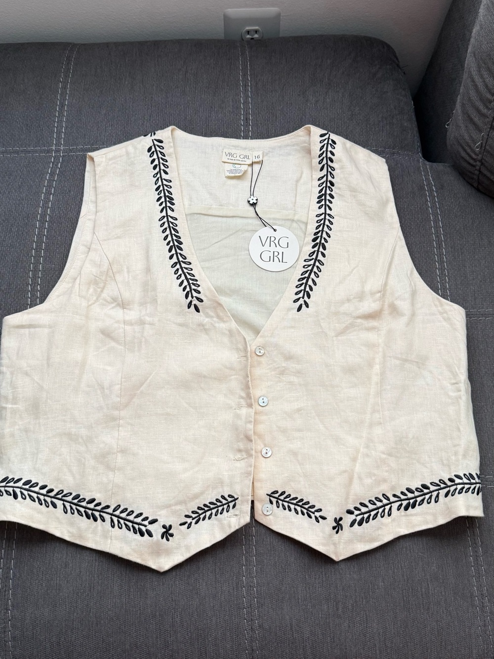 VRG GRL Beige Linen Embroidered Vest